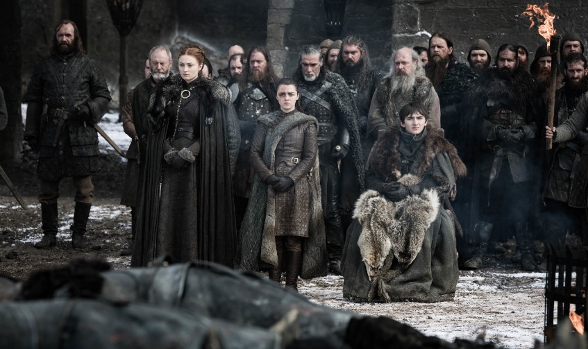 Liam Cunningham, Rory McCann, Maisie Williams, Isaac Hempstead Wright, and Sophie Turner in game of thrones