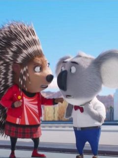 The hedgehog and the koala are standing next to each other, exchanging two quotes from Sing 2.