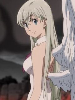 A romantic anime girl with white wings standing in front of a fire.