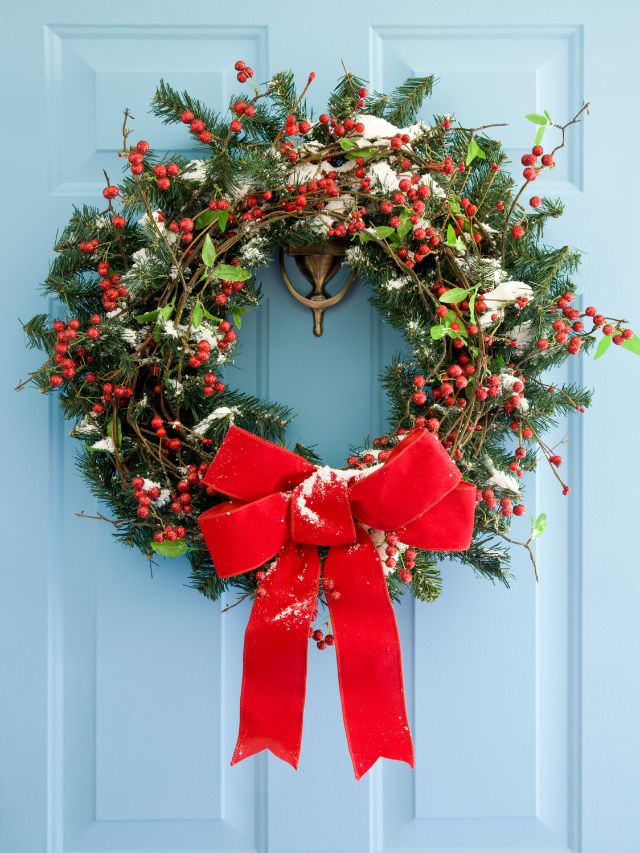 a wreath on the door for the holiday season