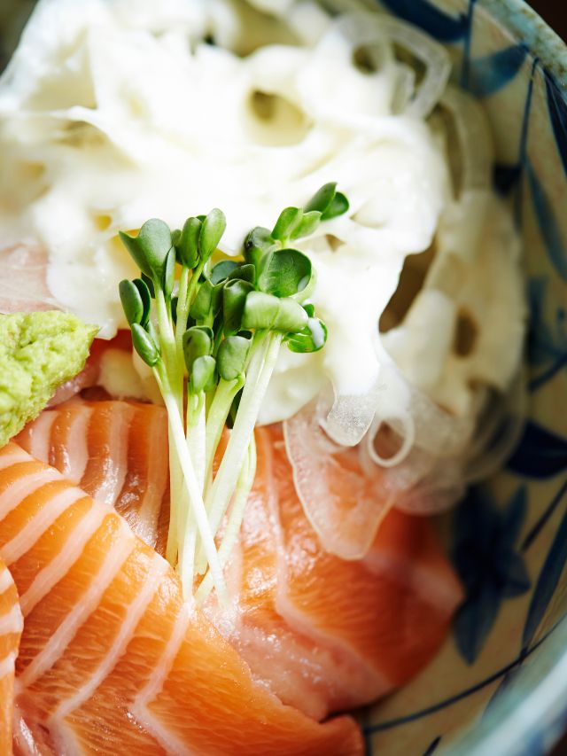 closeup of a salmon rice bowl