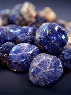 A pile of blue stones, known as crystals for stress and anger, arranged on a black background.