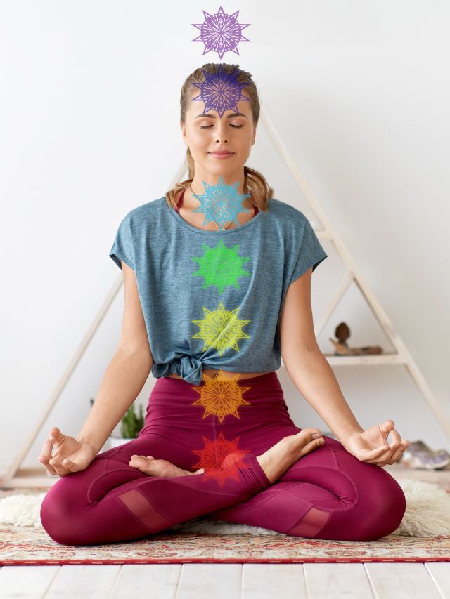 woman meditating with chakras highlighted