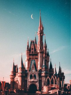 Cinderella castle at night with a crescent moon, perfect for Disney lovers.