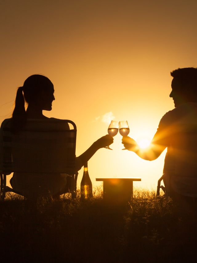 couple enjoying a glass of wine in the park