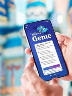 A person is holding up a phone with the Disney Genie app on it, contemplating if Disney Genie Plus is worth it.
