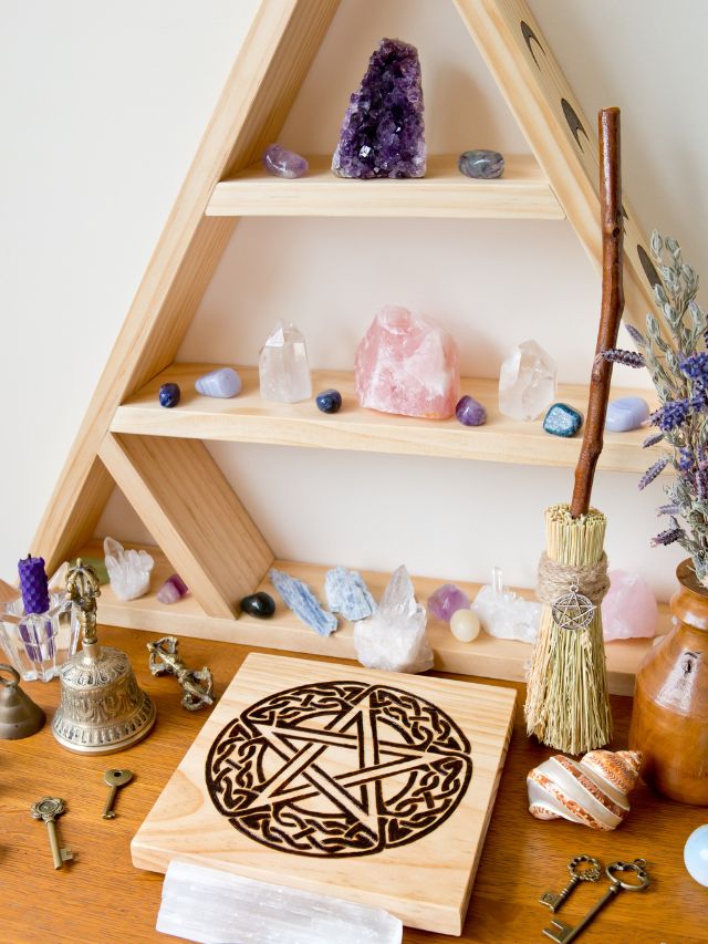 witch altar with crystals and different tools