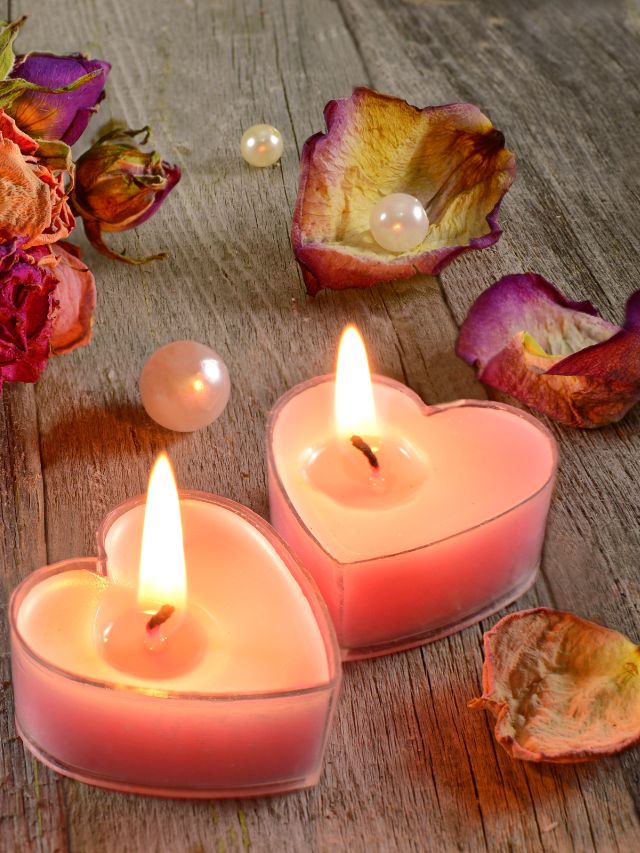 two love candles with flowers and pearls around them
