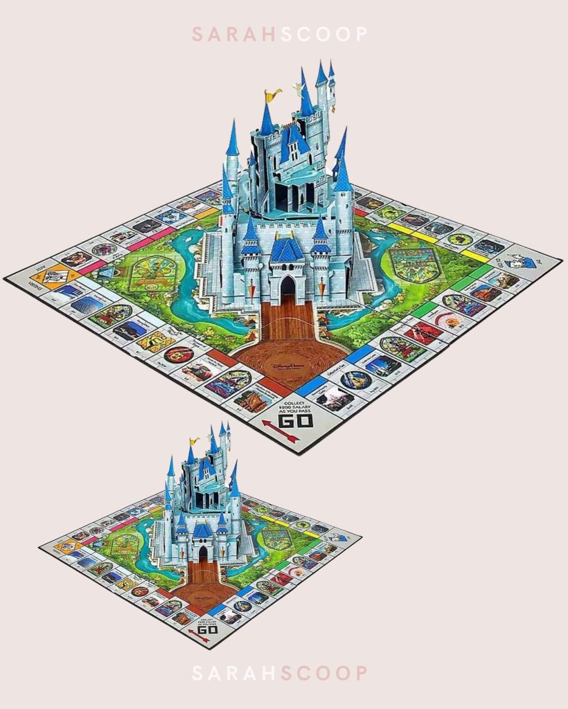 Magic Kingdom themed monopoly board game with castle pop up