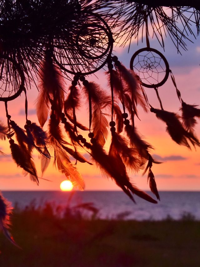 dream catchers in front of the sunset hanging up