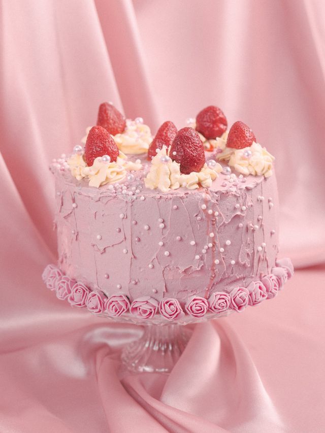 pink cake with strawberries