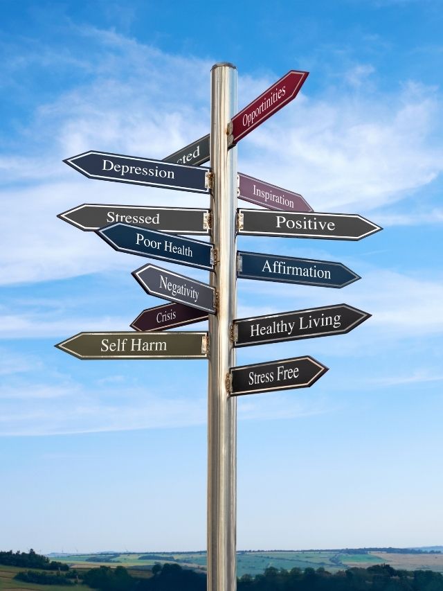signs on a pole pointing different directions outside
