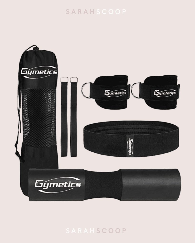 Gymetics fitness equiptment set with a bar pad, belt, and wrist straps