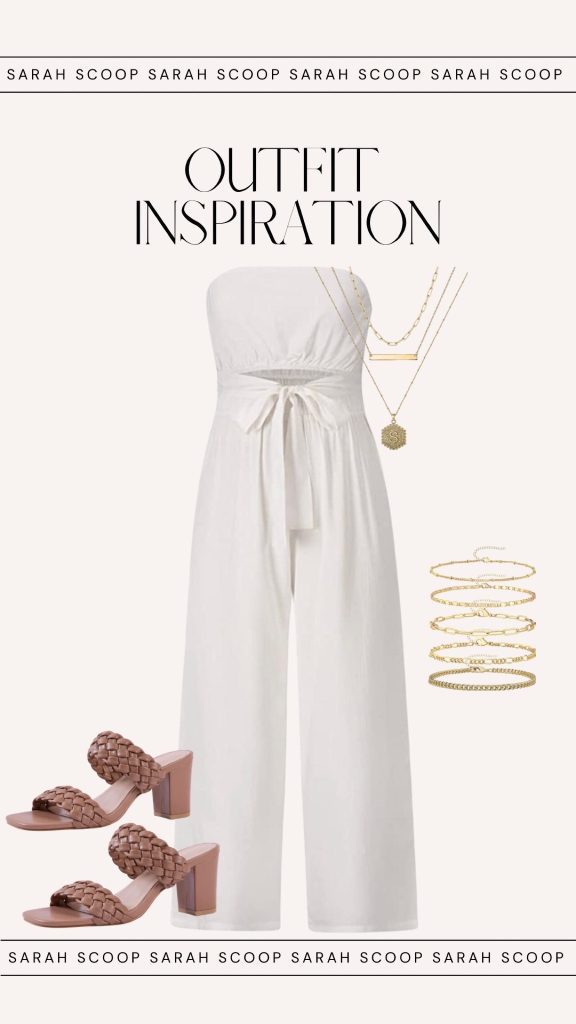 A white jumpsuit paired with sandals offers outfit inspiration for a summer yacht party.