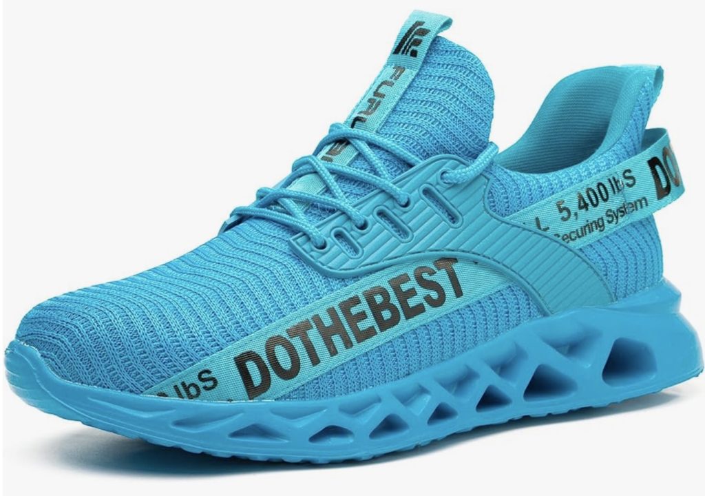 A blue running shoe with the words 'do the best' on it, suitable for warehouse work.