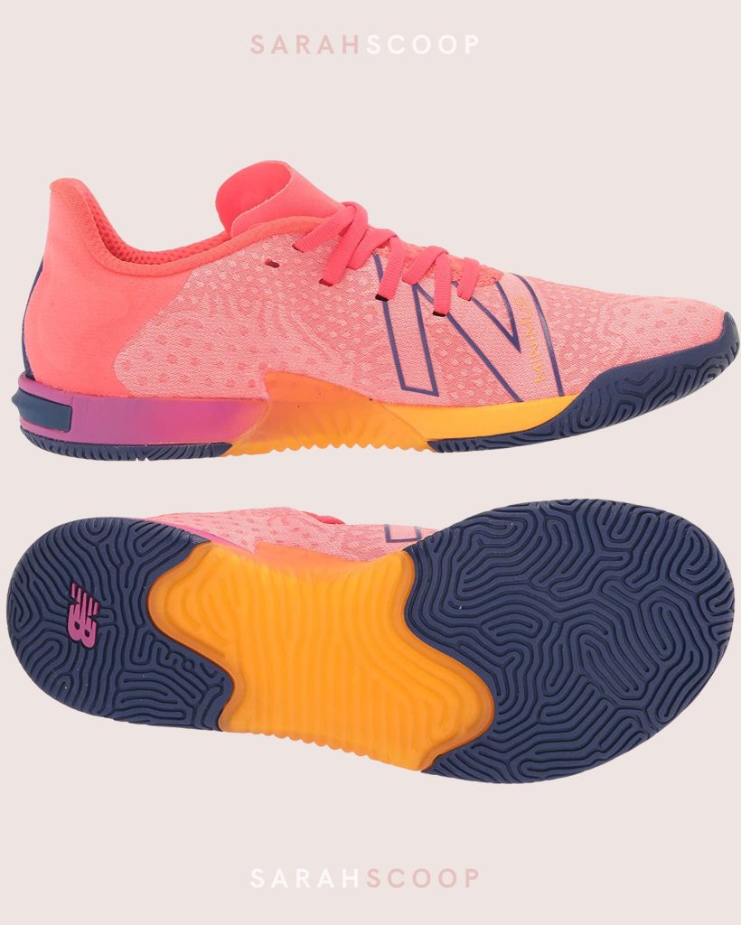 Sarah's new balance minimus running shoes in pink and blue.