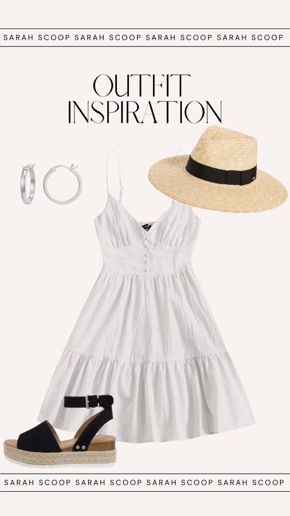 A comfortable summer outfit for a casual yacht party, consisting of a white dress, sandals, and a straw hat.