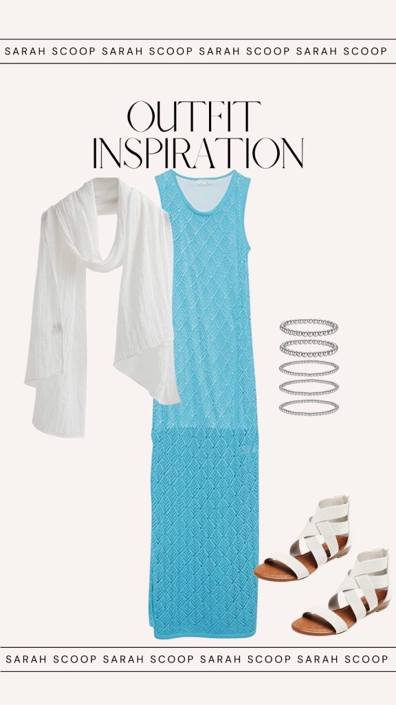 A casual summer outfit inspiration with a blue dress and sandals perfect for a yacht party.