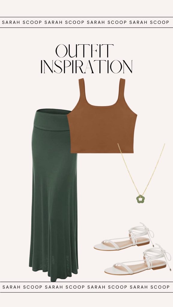 The summer yacht outfit includes a green top, brown skirt and sandals.