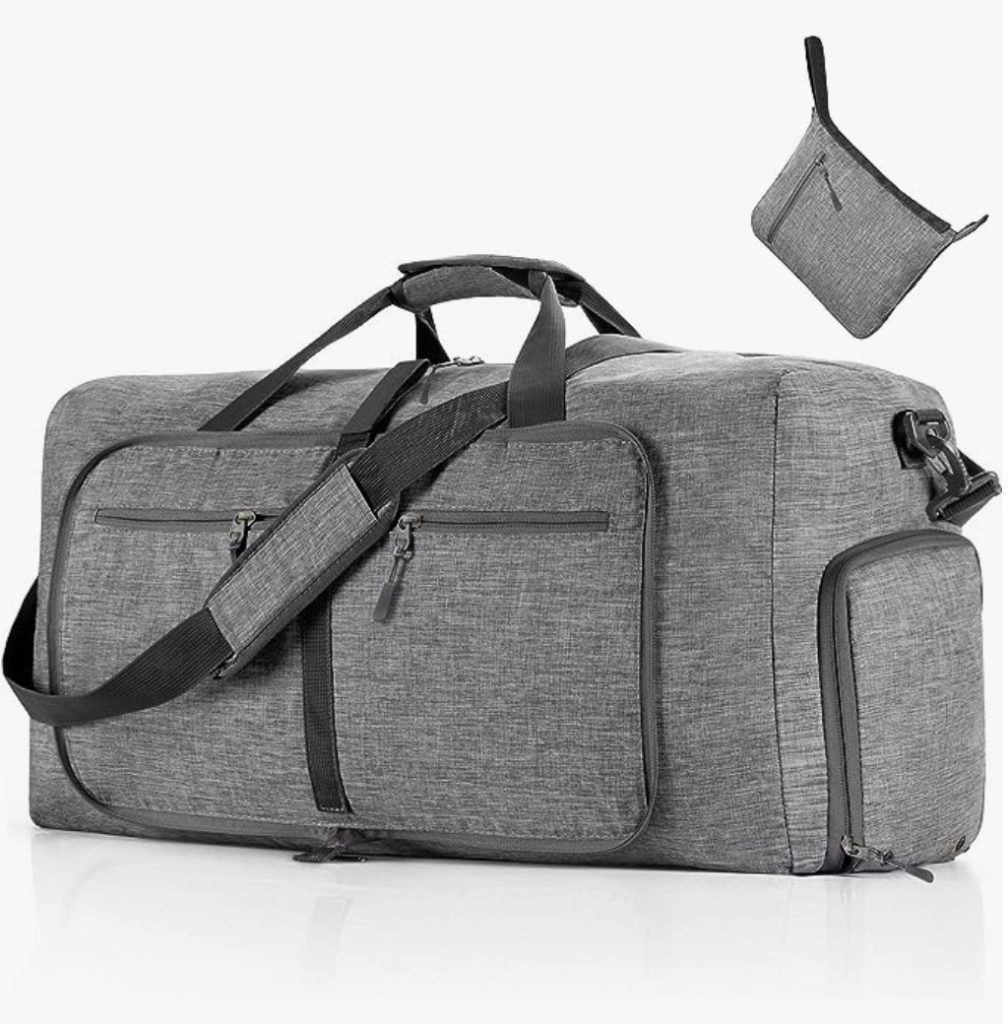 A grey duffel bag with two handles and a zipper.