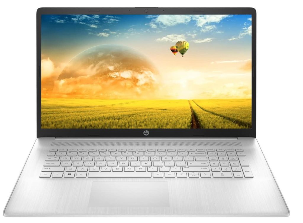 The hp laptop is open on a white background.