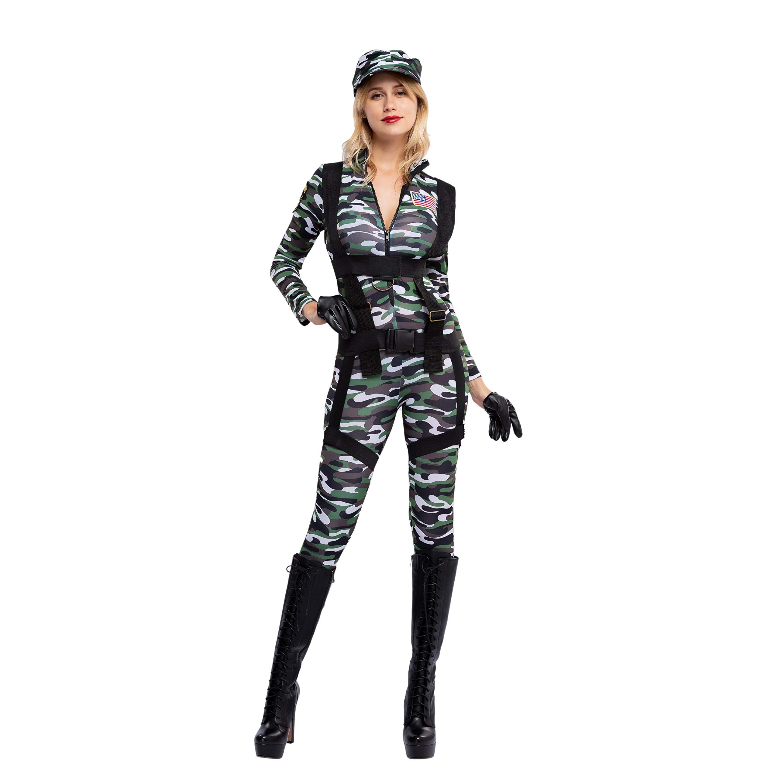 Spooktacular Creations Halloween Women Paratrooper Army Jumpsuit, Military Camouflage Costume w/ Hat, Gloves and Harness X-Large