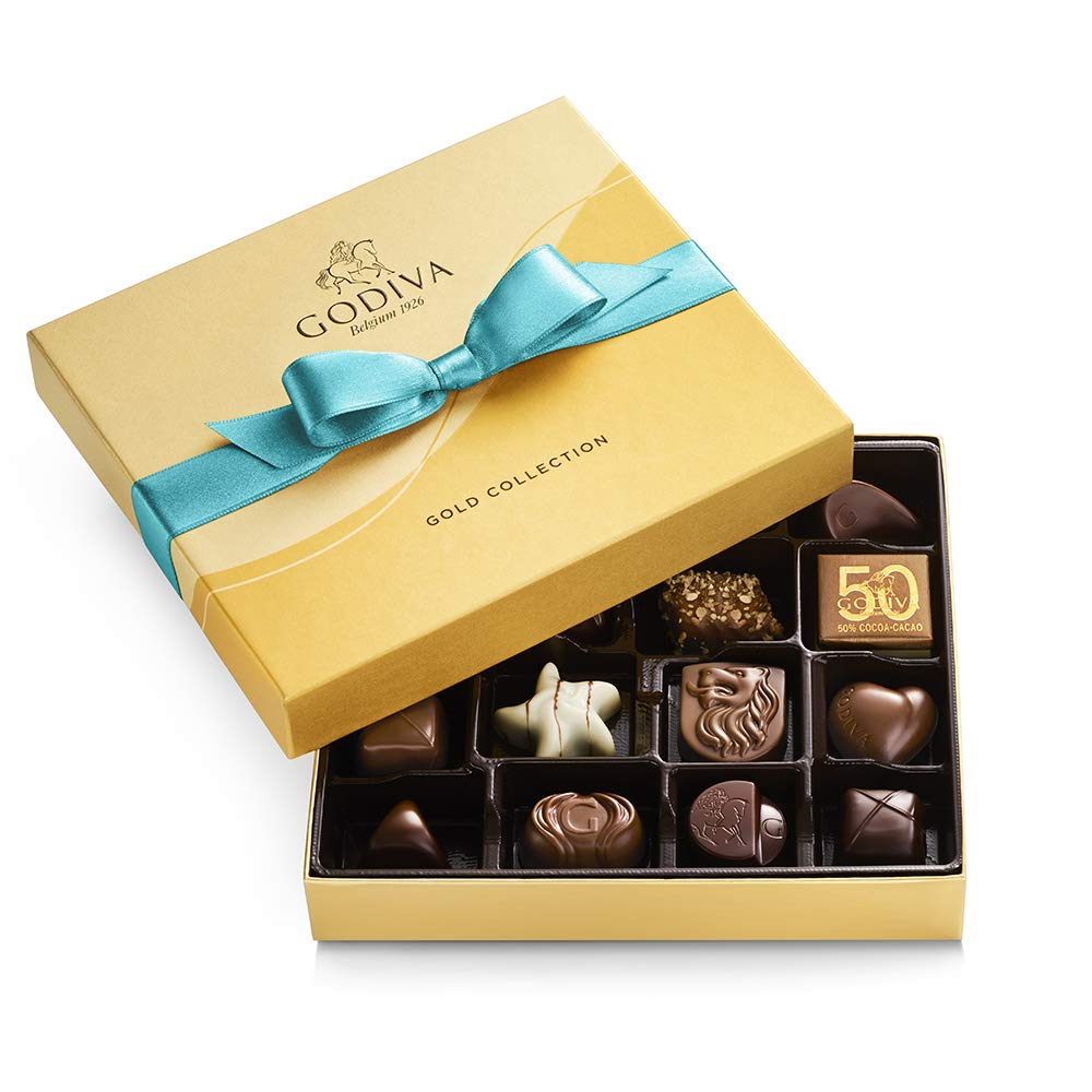 godiva chocolate box with blue ribbon