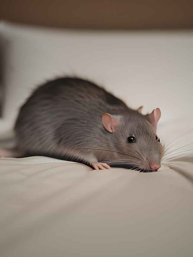 a grey rodent laying on it's stomach on a bed with a white pillow and white sheet