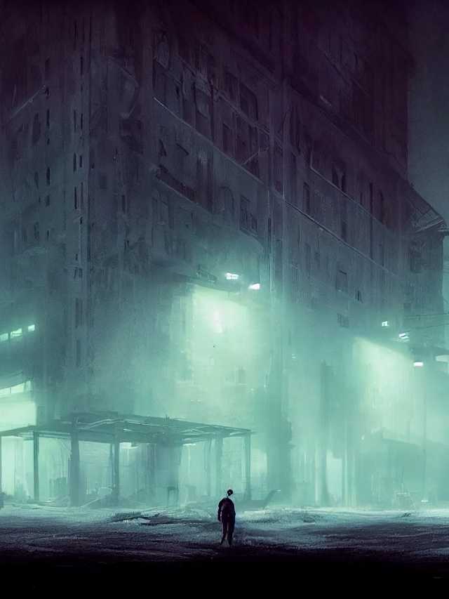A man is walking through a city at night.