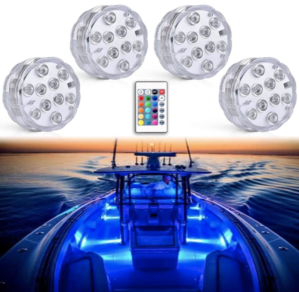 Boat accessory featuring four blue LED lights, ideal for boaters looking for Christmas gifts.