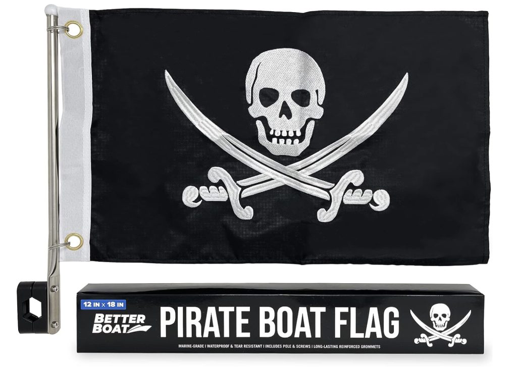A festive pirate boat flag perfect for Christmas gifts for boaters.