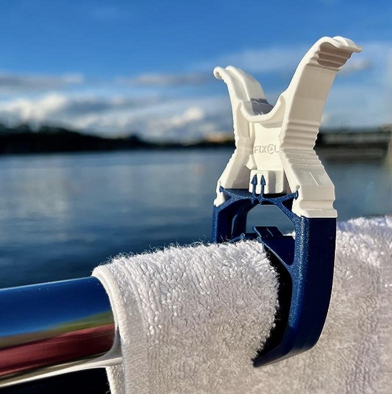 A practical and thoughtful Christmas gift idea for boaters - a towel holder with a scenic water view.