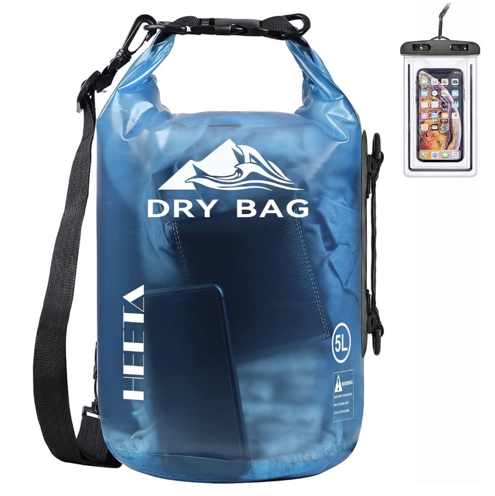 A practical and stylish Christmas gift idea for boaters: a blue dry bag with a phone compartment and a convenient strap.