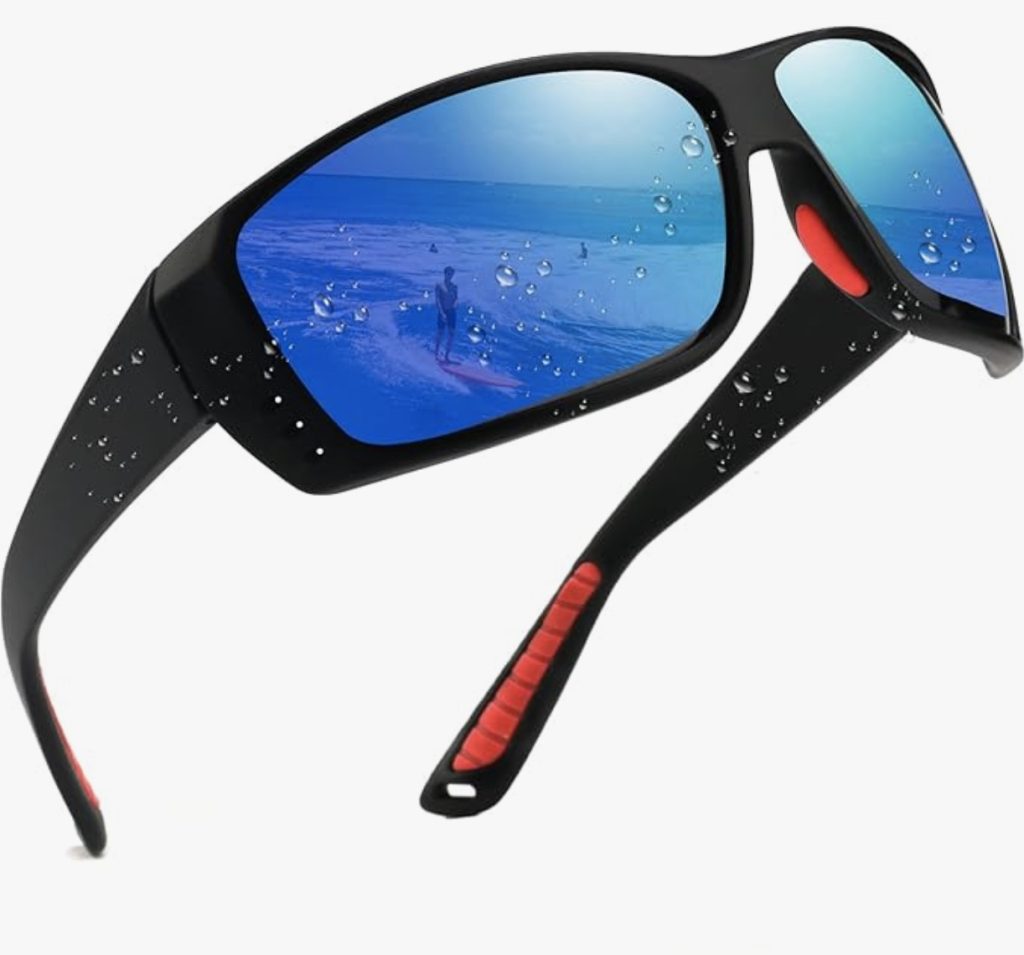 A pair of black sunglasses with blue mirrored lenses, perfect as a Christmas gift for boaters.