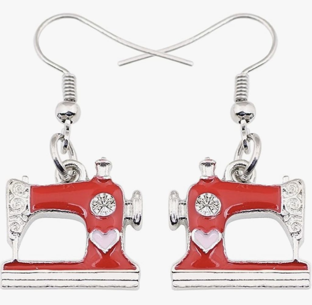 Red and white sewing machine earrings, perfect Christmas gift idea for quilters.