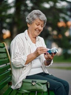 A woman sitting on a bench looking at her phone.