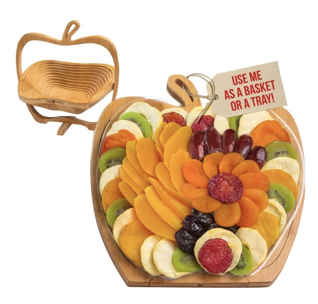 A Christmas gift for nanny featuring a fruit basket and wooden chair.