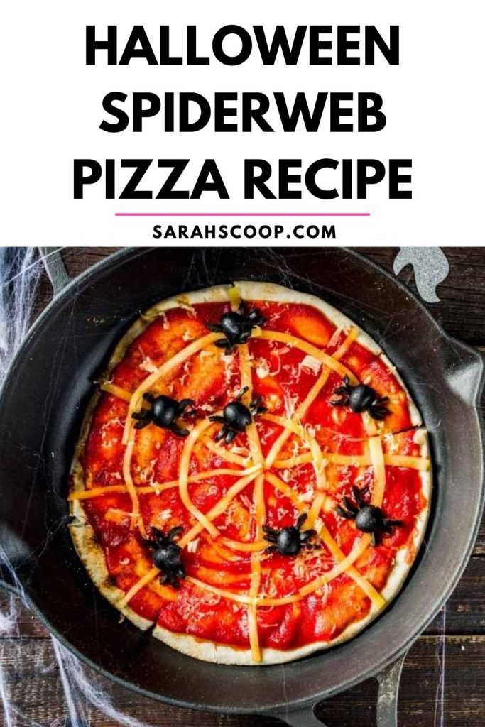 Halloween spiderweb pizza recipe in a skillet Pinterest image