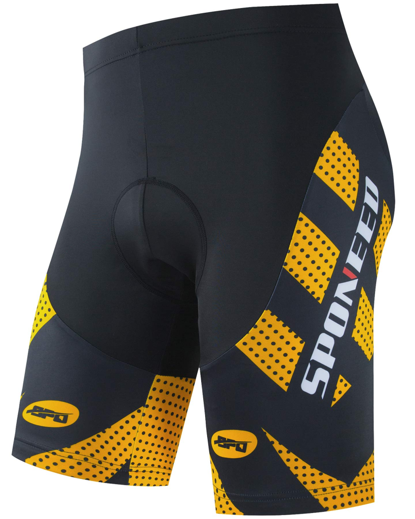 A black and yellow bike short with a yellow logo.