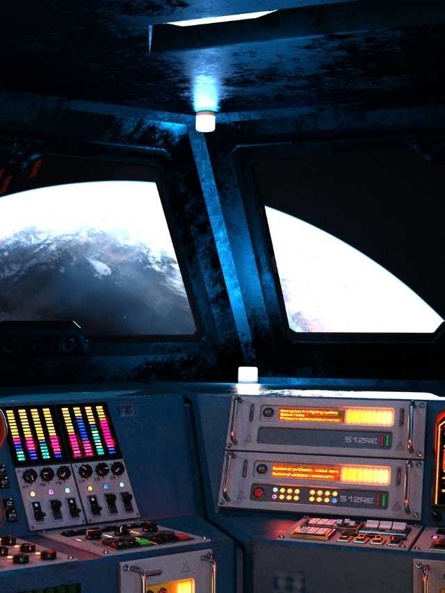 The cockpit of a spaceship with a view of the earth.