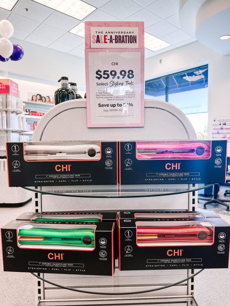 A display of chi hot tools and hair care products in a beauty brands.