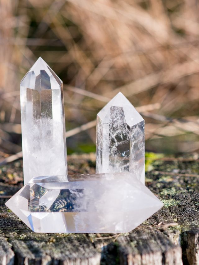 Two clear quartz crystals on top of a tree stump.