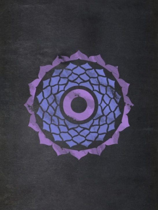 A purple and black circle on a black background.
