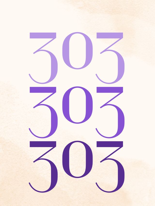 Angel number 303 meaning displayed on a purple background.