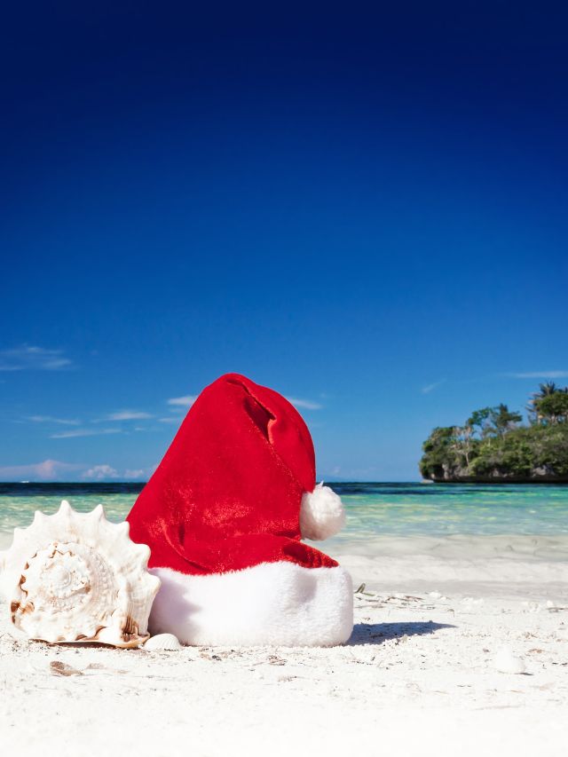 A santa hat and shell on a beach.