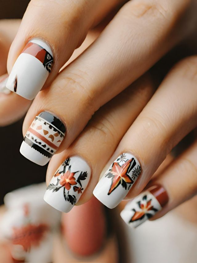 A woman's nails with designs on them.