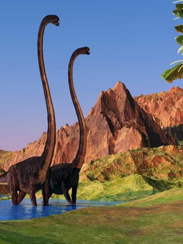 Two dinosaurs standing next to a river.