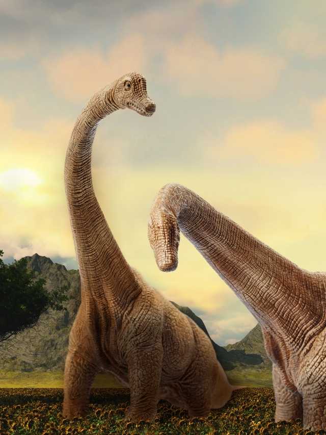 Two dinosaurs standing in a field with mountains in the background.
