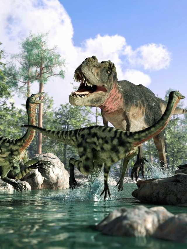 T - rex and brontosaurus in a river.