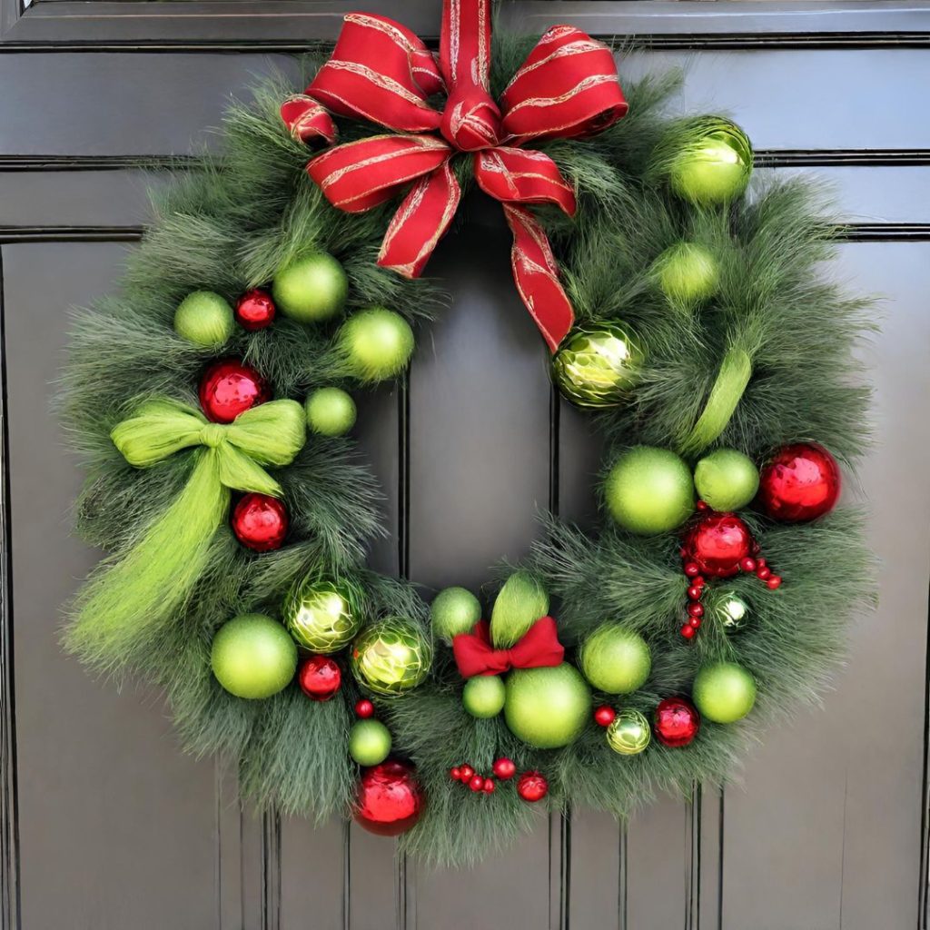 A christmas wreath with red and green ornaments hanging on a door.